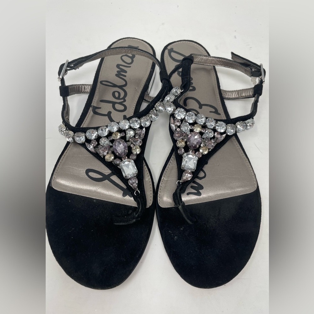 Sam Edelman Black Jeweled T-Strap Sandals with Clear and Light Purple Stones